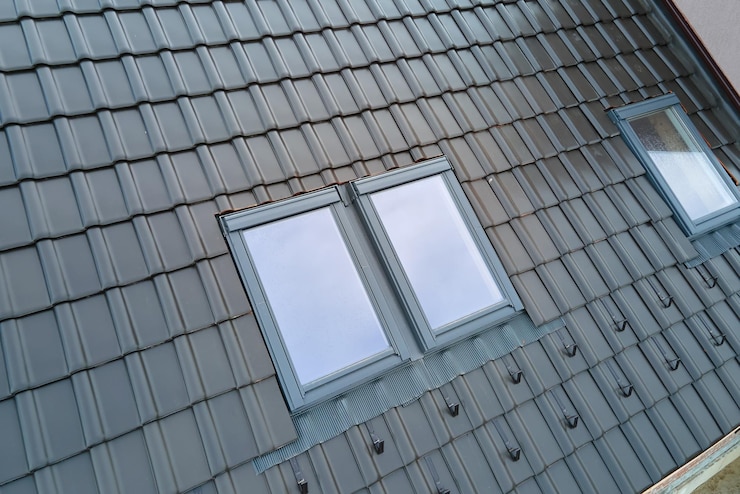 Foto nahaufnahme des dachfensters auf dem dach des hauses, das mit keramikschindeln bedeckt ist gekachelte abdeckung des gebäudes