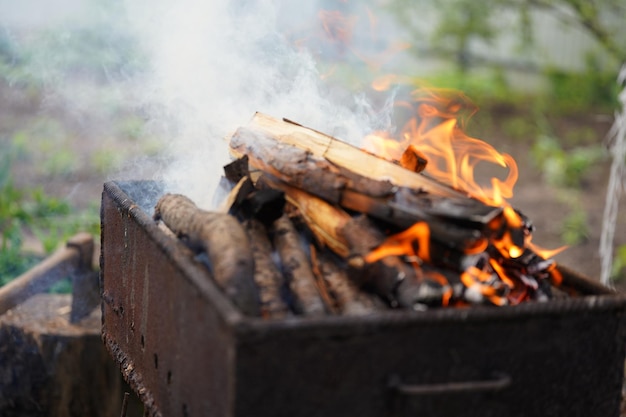 Nahaufnahme des Feuers auf Chargrill Trockene Stöcke schwelen Konzept des Kochens auf dem Grill