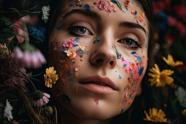 Nahaufnahme des Gesichtes eines Mädchens mit bunten und zarten Blumen, die auf ihrer Haut blühen