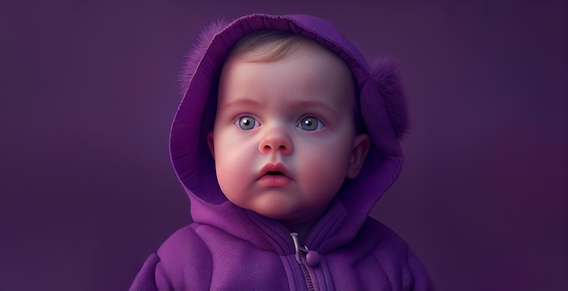 Nahaufnahme des Gesichts eines Babys auf violettem Hintergrund. Entzückendes Baby mit großen Augen und einem Hut