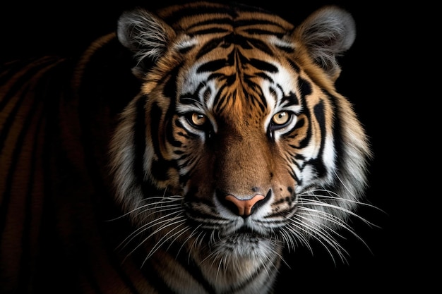 Nahaufnahme des Gesichts eines Tigers auf schwarzem Hintergrund. Horizontale Studiofotografie