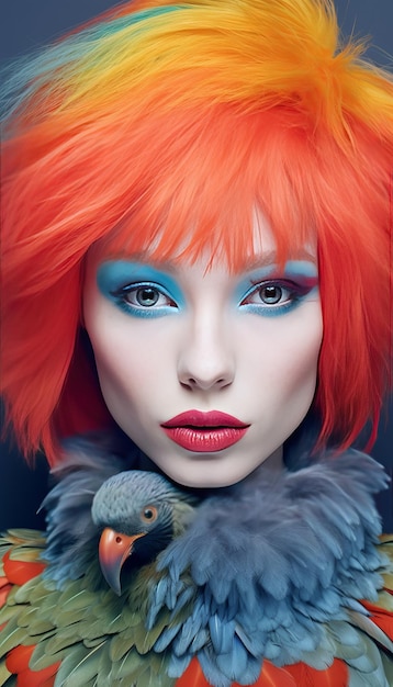 Nahaufnahme des Gesichts Lebendig surreales Vogelmodefoto einer generativen KI im Vogelstil