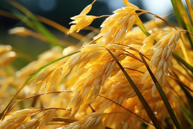 Nahaufnahme des goldenen Reisohres auf dem Reisfeld vor der Ernte mit Sonnenaufgang Generative KI