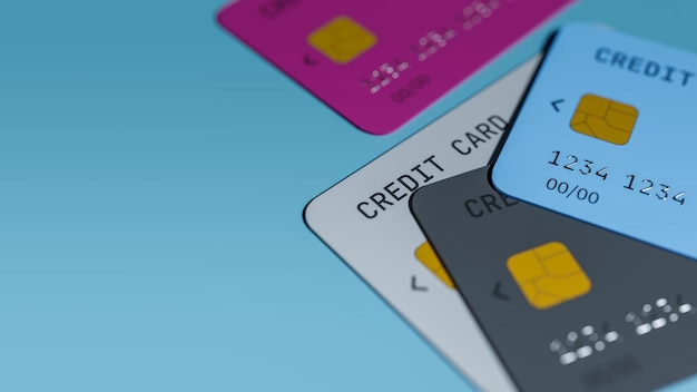 Nahaufnahme des Hintergrunds verschiedener farbiger Kreditkarten 3D-Rendering