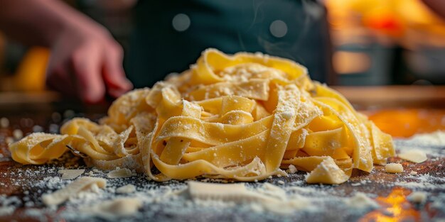 Nahaufnahme des Kochprozesses von hausgemachten Pasta-Köchen machen frische italienische traditionelle Pasta