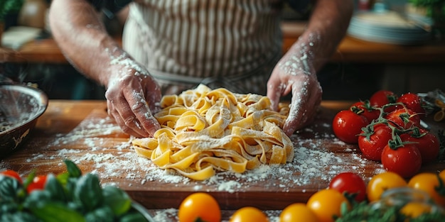 Nahaufnahme des Kochprozesses von hausgemachten Pasta-Köchen machen frische italienische traditionelle Pasta
