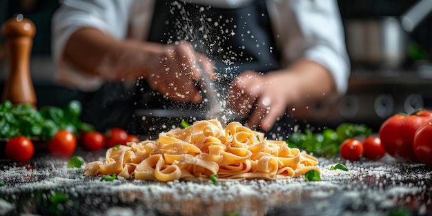 Nahaufnahme des Kochprozesses von hausgemachten Pasta-Köchen machen frische italienische traditionelle Pasta