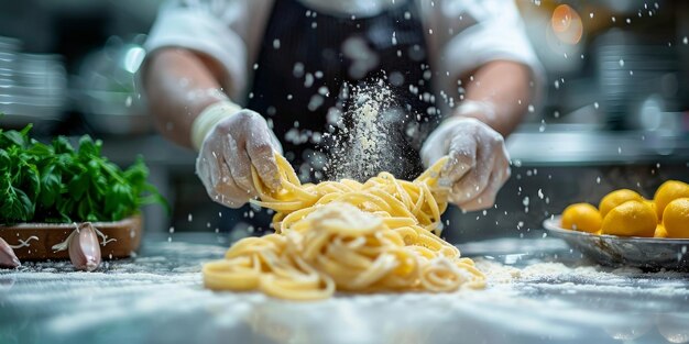 Nahaufnahme des Kochprozesses von hausgemachten Pasta-Köchen machen frische italienische traditionelle Pasta