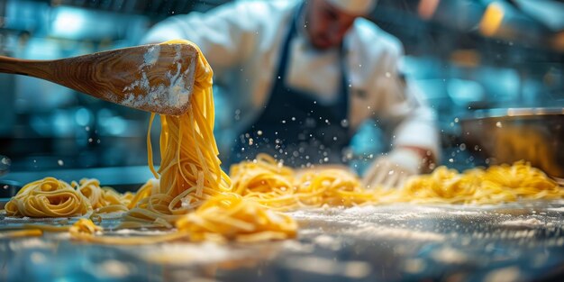 Nahaufnahme des Kochprozesses von hausgemachten Pasta-Köchen machen frische italienische traditionelle Pasta