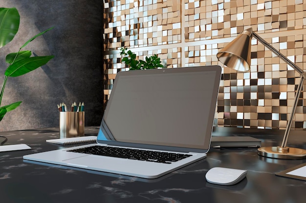 Nahaufnahme des kreativen Designer-Desktops mit leerer Laptop-Bildschirmlampe liefert verschiedene andere Objekte und glänzende goldene Fliesenwand Hintergrund 3D-Rendering