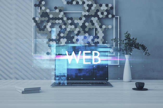 Nahaufnahme des Laptops auf dem Designer-Desktop mit Kaffeetasse kreativer leuchtender Big-Data-Glitch auf verschwommenem Hintergrund Einzigartiges Design abstraktes digitales Pixelrauschen Glitch-Fehler Videoschaden 3D-Rendering