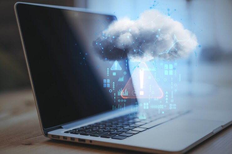 Foto nahaufnahme des laptops auf dem desktop mit abstraktem hologramm, das eine wolke auf verschwommenem hintergrund regnet dateninformationsleck sicherheits- und diebstahlkonzept doppelbelichtung