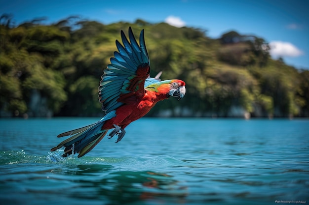 Nahaufnahme des majestätischen Papageien im Flug über Wasser Tropische Konzepte