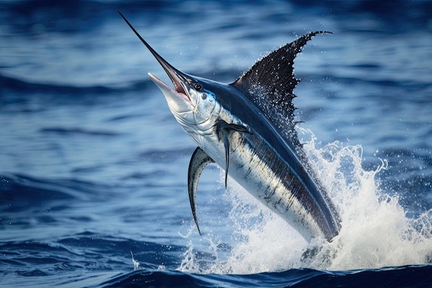 Nahaufnahme des Marlins, der seinen Schnabel und seine sichtbaren Flossen springt