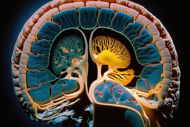 Nahaufnahme des menschlichen Gehirns, das feuernde Neuronen und neuronale Erweiterungen des limbischen Systems zeigt. Mammilläre Hypophyse, Amygdala, Thalamus, cingulärer Gyrus, Corpus callosum, Hypothalamus, generative KI