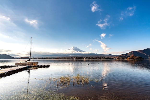 Nahaufnahme des Mount Fuji von der Seite des Kawaguchi-Sees, Blick auf den Mt. Fuji vom See?