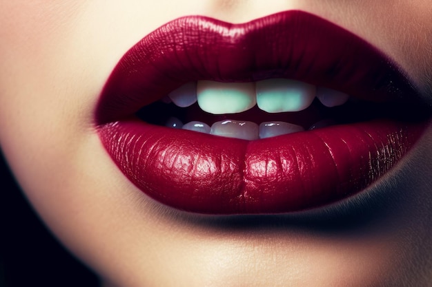 Nahaufnahme des Mundes einer Frau mit rotem Lippenstift darauf Generative KI