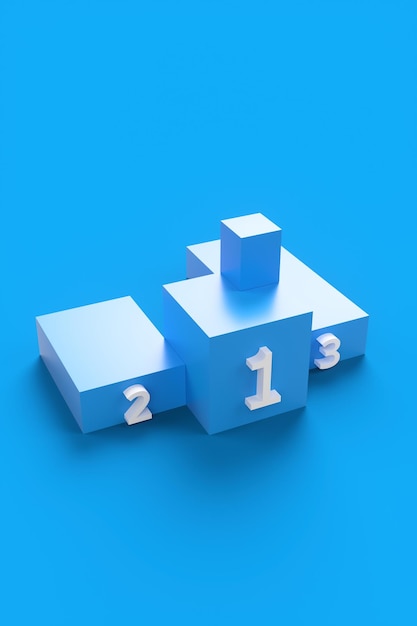Nahaufnahme des Podiums mit Preisnummern auf blauem Hintergrund 3D-Darstellung