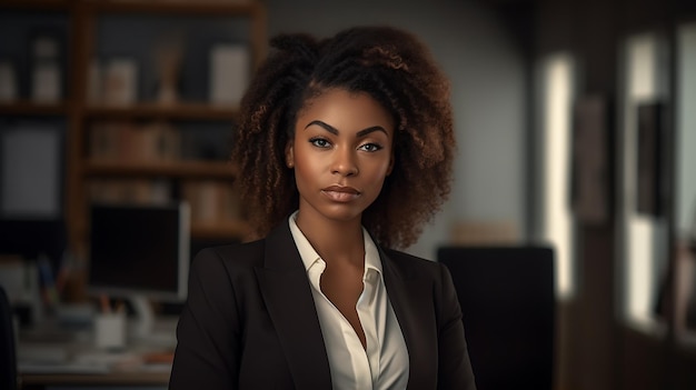 Nahaufnahme des Porträts einer selbstbewussten Geschäftsfrau im Anzug, die vor einem Bürohintergrund steht. Erstellt mit generativer KI-Technologie