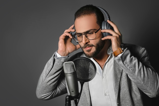Nahaufnahme des Porträts eines Mannes, der es genießt, Musik-Radio-Podcasts zu hören