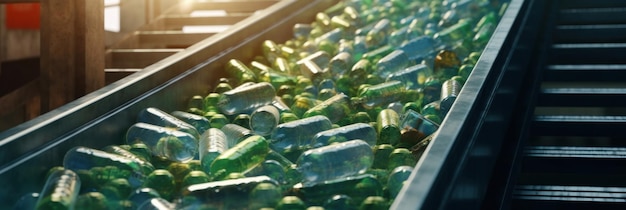 Foto nahaufnahme des rolltreibers mit einem haufen plastikflaschen in der fabrik für verarbeitung und recycling recyclinganlage