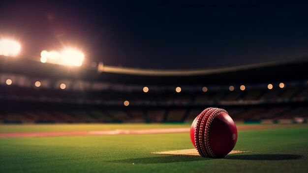 Nahaufnahme des roten Cricketballs im Stadion Generative Ai