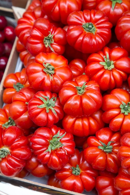 Nahaufnahme des roten Tomaten-Hintergrunds auf dem italienischen Markt