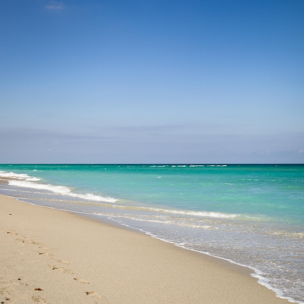 Nahaufnahme des Sandstrandes des leeren Ozeans Strand in Miami Florida Klarer blauer Himmel Küste