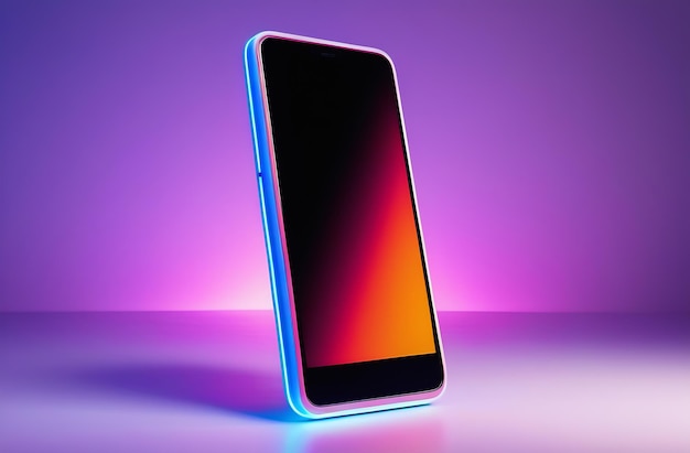 Foto nahaufnahme des smartphone-layouts auf einem abstrakten hintergrund in neonfarbe hellblau