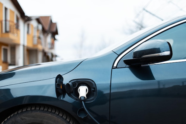 Nahaufnahme des Stromkabels des Elektroautos an der Ladestation.