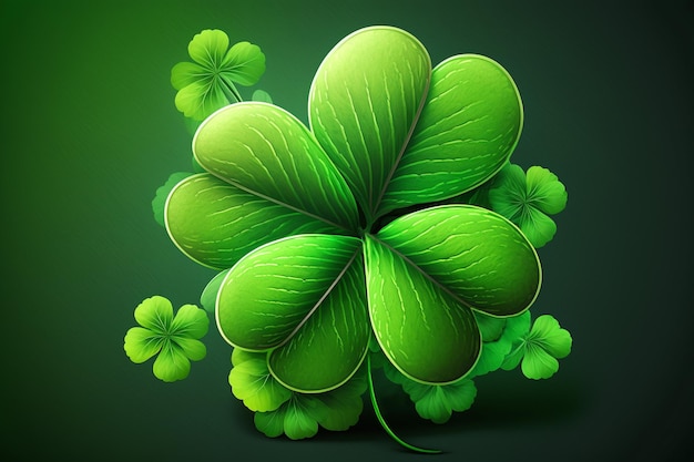 Nahaufnahme des vierblättrigen Klees auf dem grünen Hintergrund. St. Patrick's Day