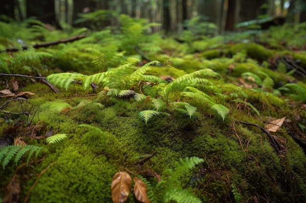 Nahaufnahme des Waldbodens mit Moos und Farnen, die aus dem Boden sprießen