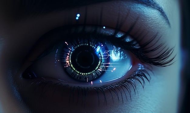 Nahaufnahme des weiblichen Auges mit glühender Iris 3D-Rendering