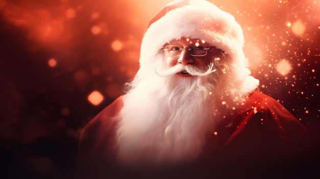 Nahaufnahme des Weihnachtsmanngesichts mit defokussiertem, glitzerndem Bokeh-Hintergrund, erzeugt durch ein neuronales Netzwerk