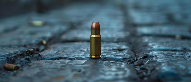 Foto nahaufnahme einer 9mm-kugel auf einem ziegelsteinboden ein wichtiges beweismittel in einem mordfall konzept forensische beweise verbrechensort fotografie kugelschale morduntersuchung schlüsselbeweis