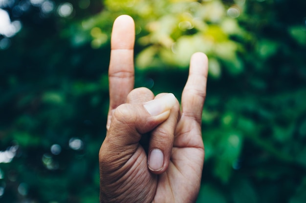 Foto nahaufnahme einer abgeschnittenen hand, die ein felszeichen im wald zeigt