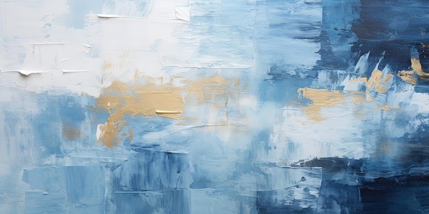 Nahaufnahme einer abstrakten, rauen, blau-weißen, goldfarbenen Kunstmalerei mit Ölpinselstriche, Palettenmesserfarbe auf Leinwand