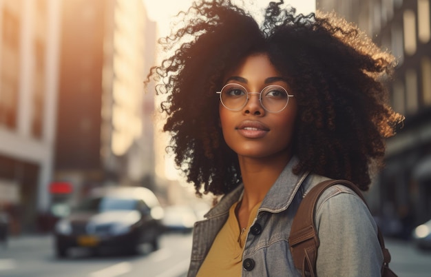 Nahaufnahme einer afroamerikanischen Frau mit Stadtszenen-Hintergrund