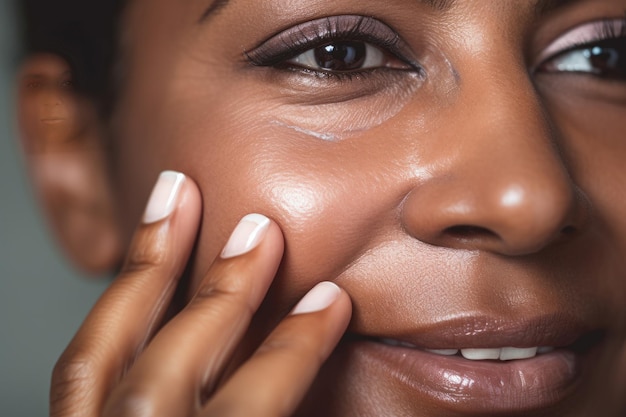 Nahaufnahme einer afroamerikanischen Frau mittleren Alters, die ihr Gesicht berührt, um Feuchtigkeitscreme aufzutragen.