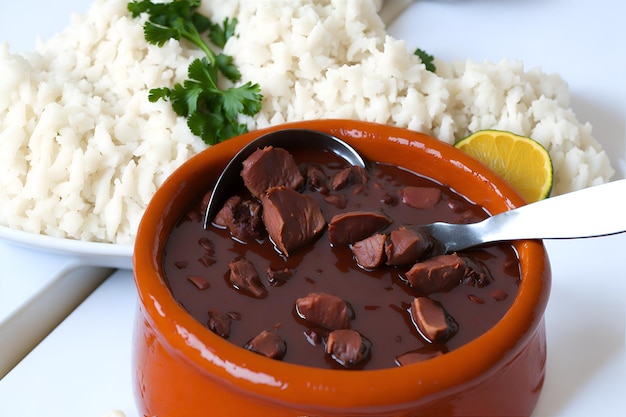 Nahaufnahme einer appetitvollen Feijoada aus Brasilien, traditionell und voller Geschmack mit ihrem saftigen Fleisch und cremigen schwarzen Bohnen, generiert von KI