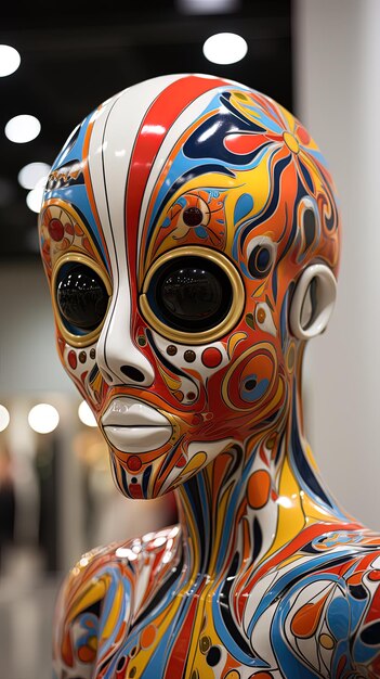 Nahaufnahme einer Außerirdischen-Mannequin mit Kopf und Körper, die in einem sehr farbenfrohen und geometrischen Stil bemalt sind