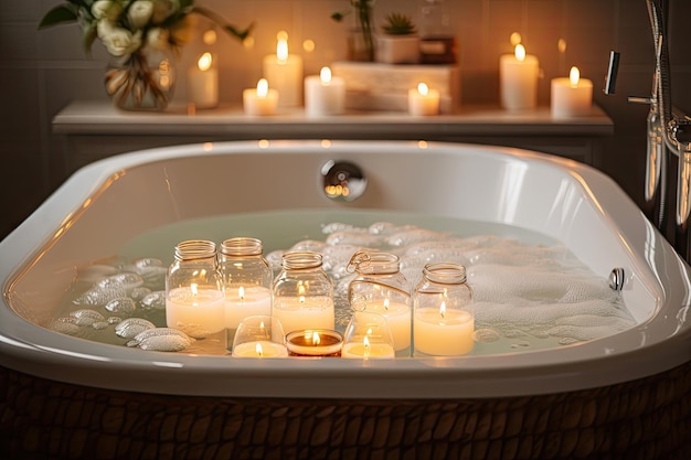 Nahaufnahme einer Badewanne, gefüllt mit Seifenblasen und Aromatherapiekerzen, die mit generativer KI erstellt wurden