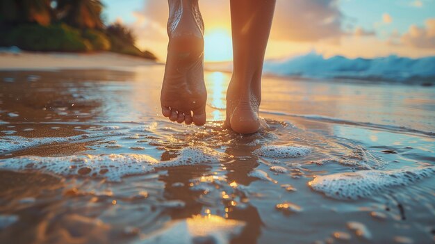 Nahaufnahme einer barfüßigen Frau, die mit Fersen in der Hand auf einem Sandstrand spazieren geht