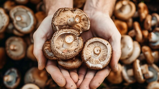Nahaufnahme einer Bauernhand, die frische Pilze hält, erzeugt von künstlicher Intelligenz
