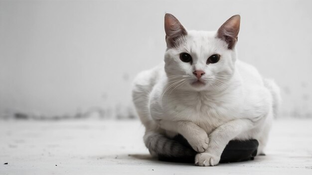 Nahaufnahme einer behinderten weißen Katze auf weiß