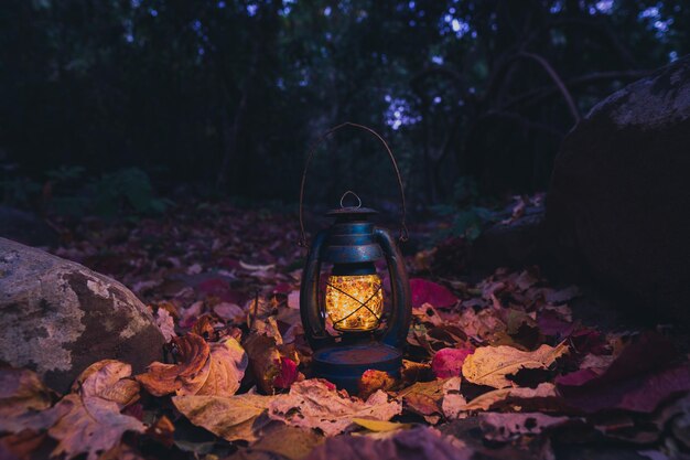 Foto nahaufnahme einer beleuchteten laterne an herbstblättern