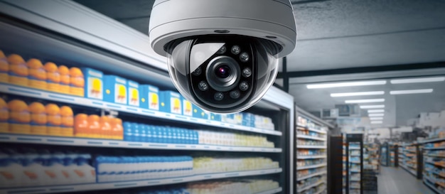 Nahaufnahme einer Überwachungskamera mit Blick auf einen Supermarktgang