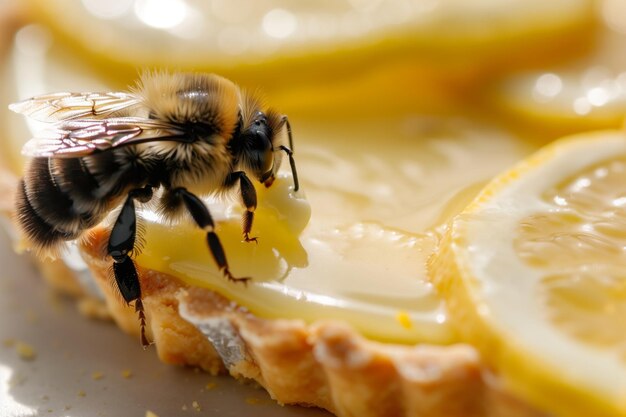 Nahaufnahme einer Biene auf einer Zitronen-Tart-Schneide