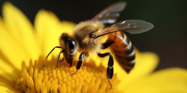 Nahaufnahme einer Biene, die Pollen auf einer gelben Blume sammelt