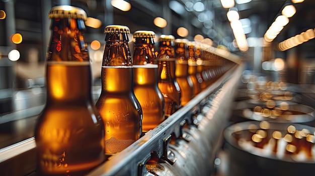 Nahaufnahme einer Bierflaschenlinie in einer Brauerei